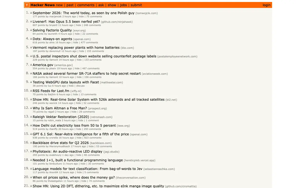 Y Combinator's news page as the helper saw it on 30 Sep 2026, with the top story at number 1.