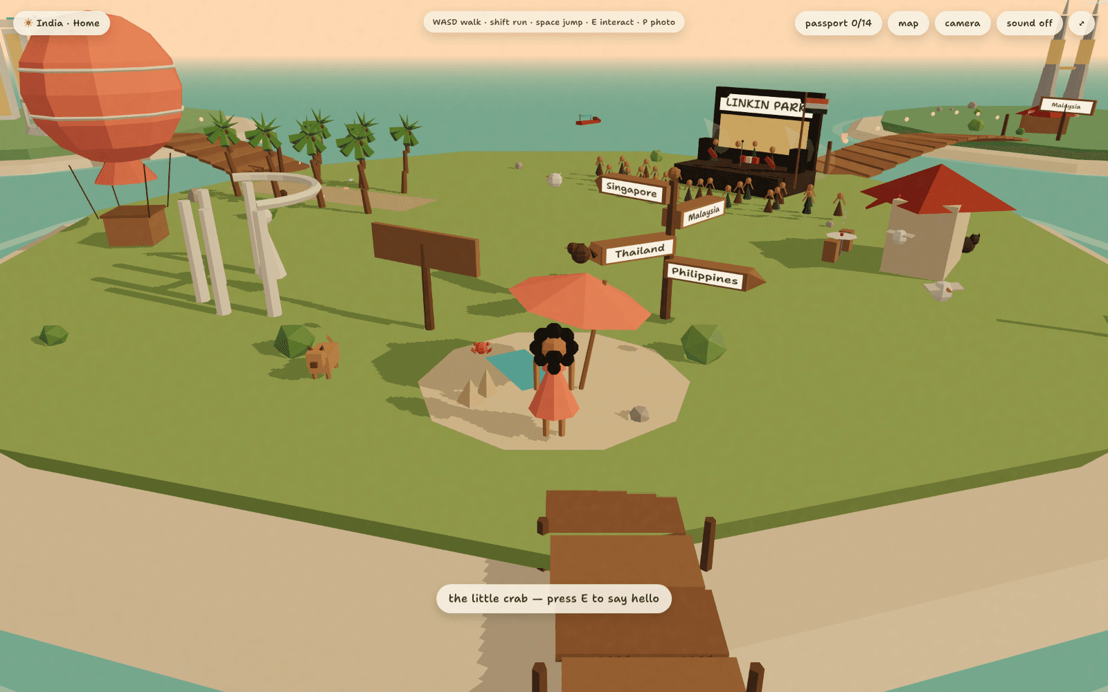 Andrea's World — interactive 3D island with character, landmarks, and Linkin Park stage