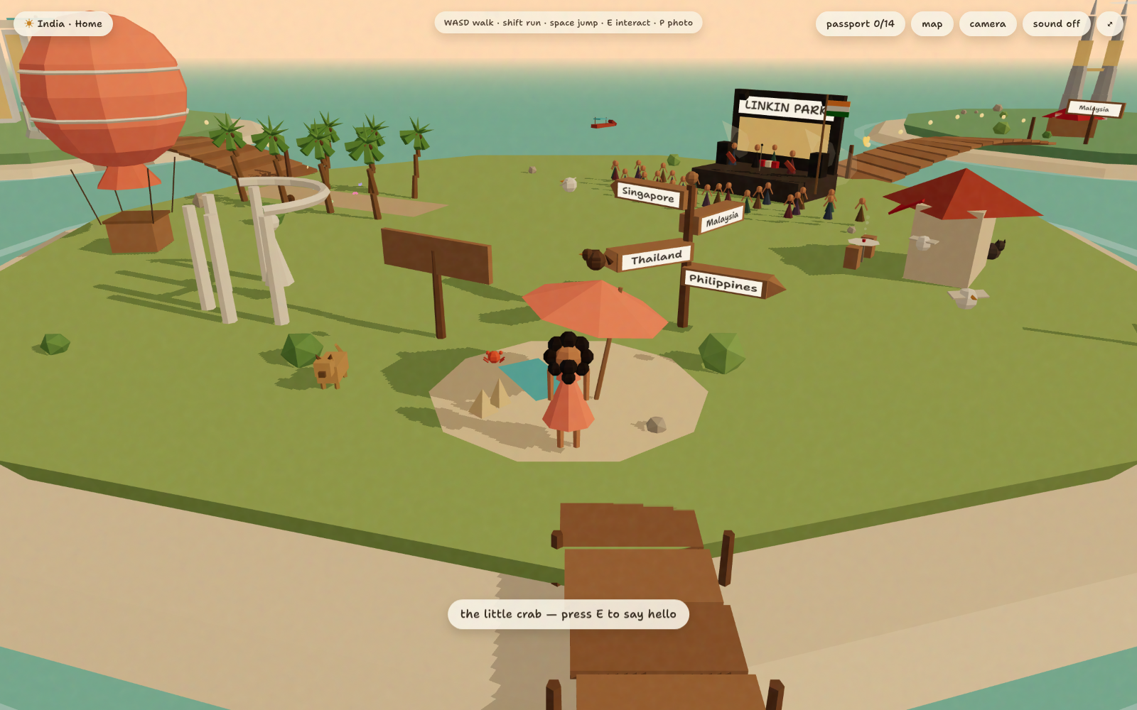 Andrea's World — interactive 3D island with character, landmarks, and Linkin Park stage