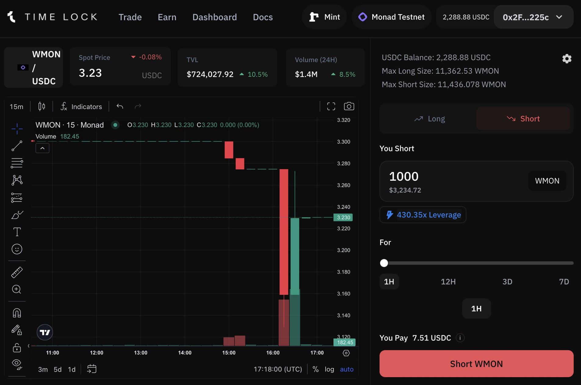 Timelock Protected Perps trading terminal — WMON/USDC chart, Long/Short ticket, Monad testnet
